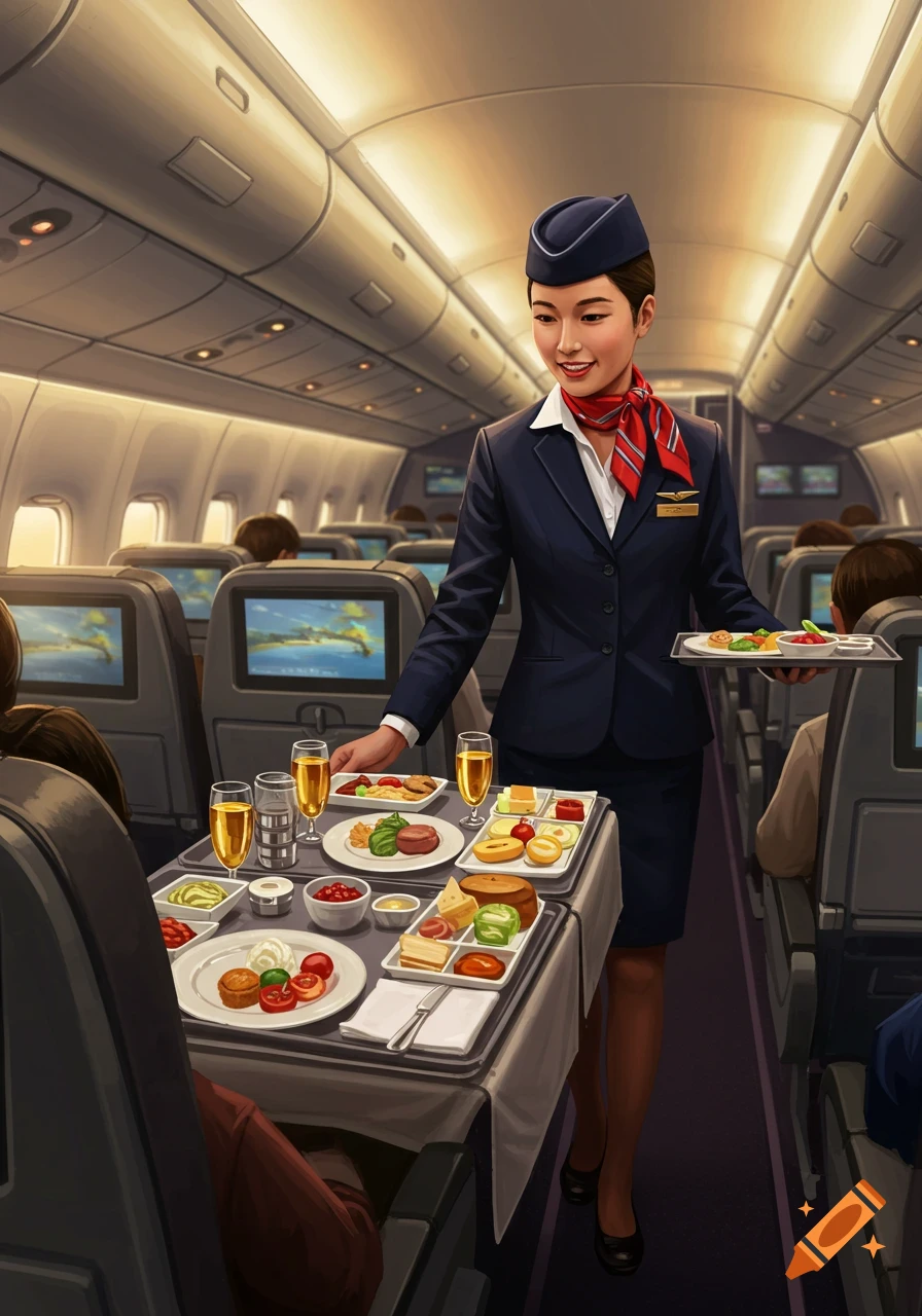 A smiling flight attendant in uniform serves meals and drinks to passengers in a brightly lit airplane cabin. Passengers are visible in seats with screens, and full meal trays are on tables.