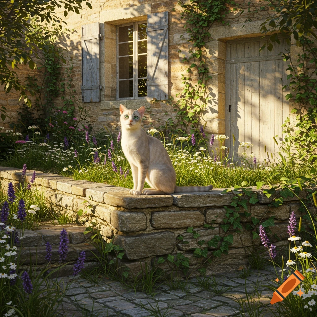 A cream-colored cat with green eyes sits on a stone wall in a sunlit garden beside a rustic stone house with a wooden door and window shutters.