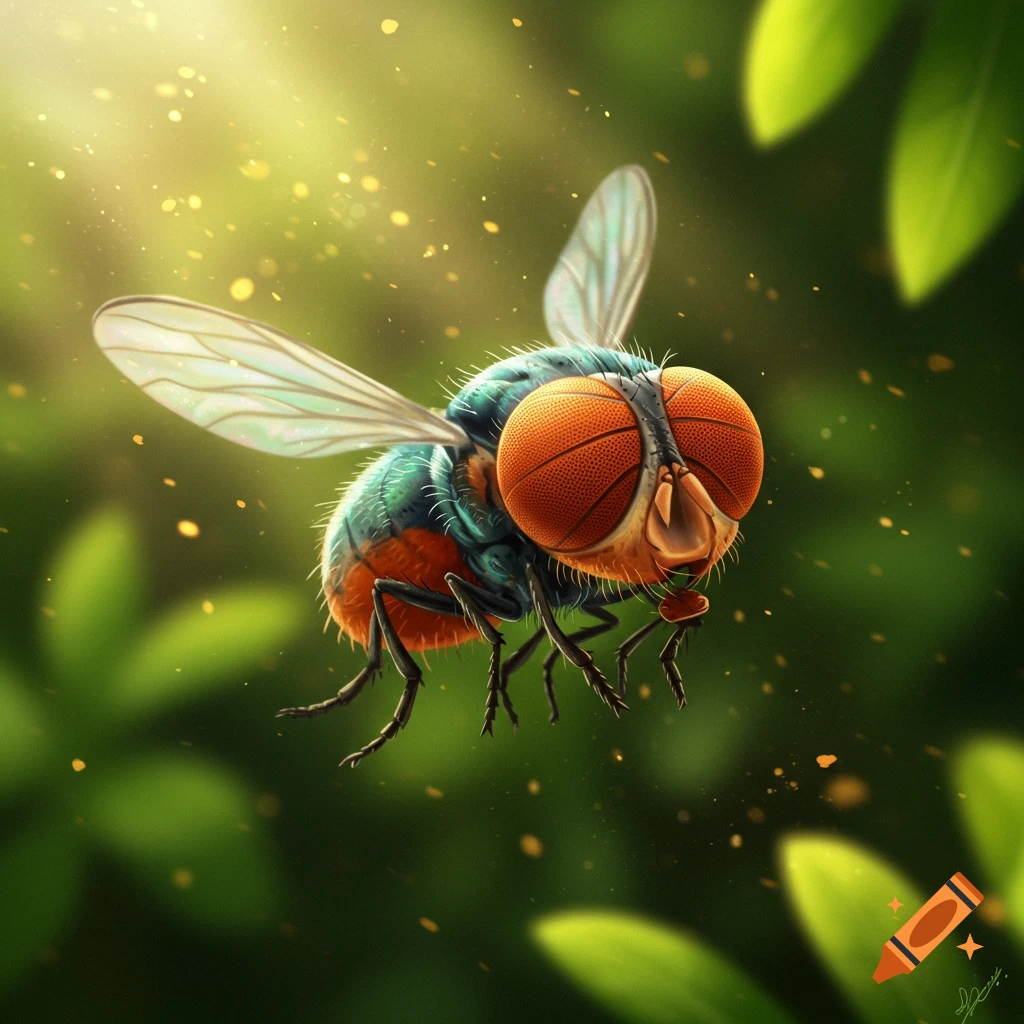 A cute, stylized fly with large orange basketballs for eyes, flying against a soft-focus green background with sunlit leaves and sparkling particles.