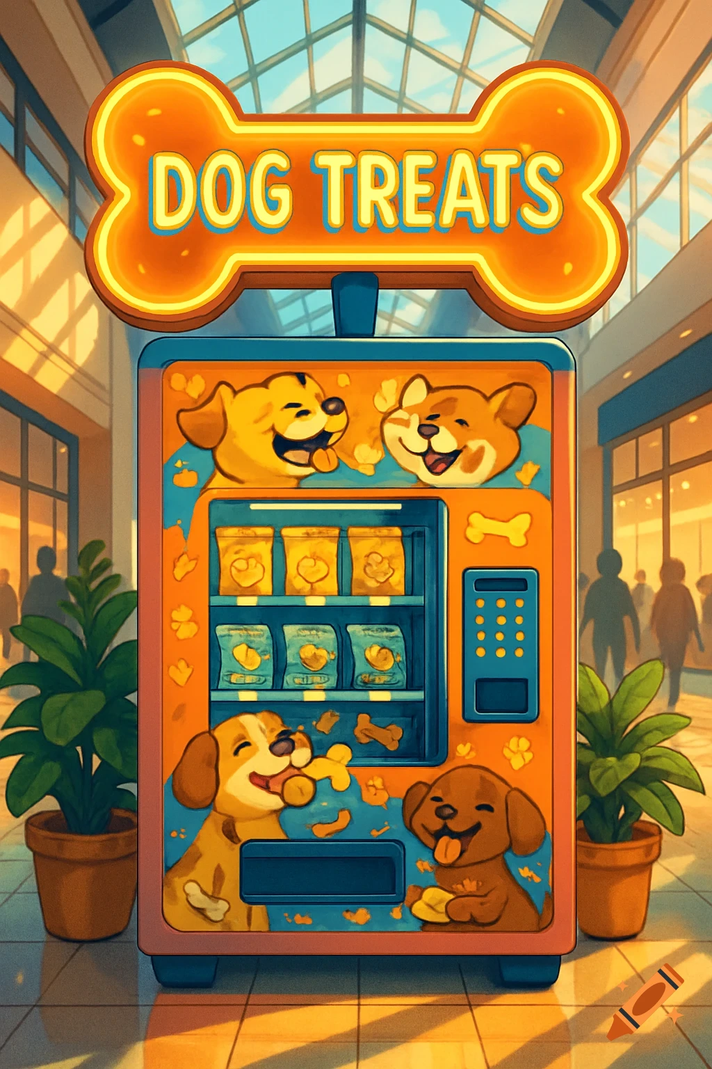 A vibrant, cartoon-style vending machine for dog treats with cheerful dogs on its facade, set in a bright mall.