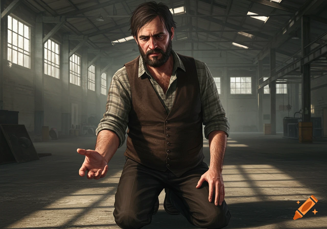 A grizzled man with a beard and plaid shirt kneels in a warehouse, extending his hand with a concerned expression, GTA V style.