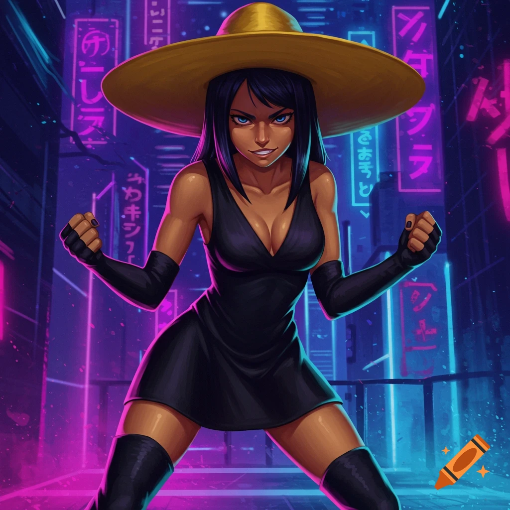 Anime woman in a yellow hat, black v-neck dress, and boots, with fists up and a mean smile, standing in a neon-lit cyberpunk city.