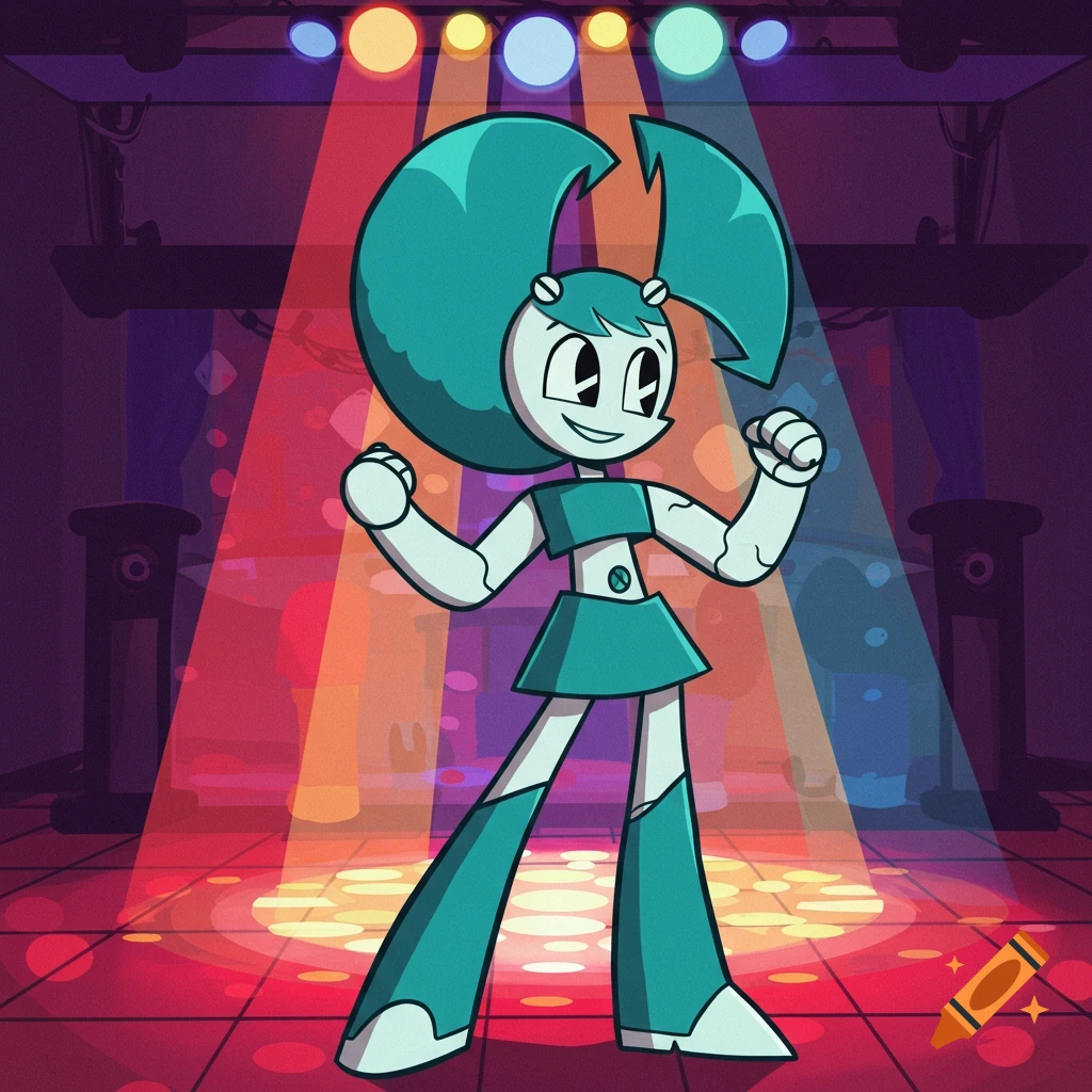 Jenny Wakeman, a teal and white robot character, smiles and dances under colorful disco lights.