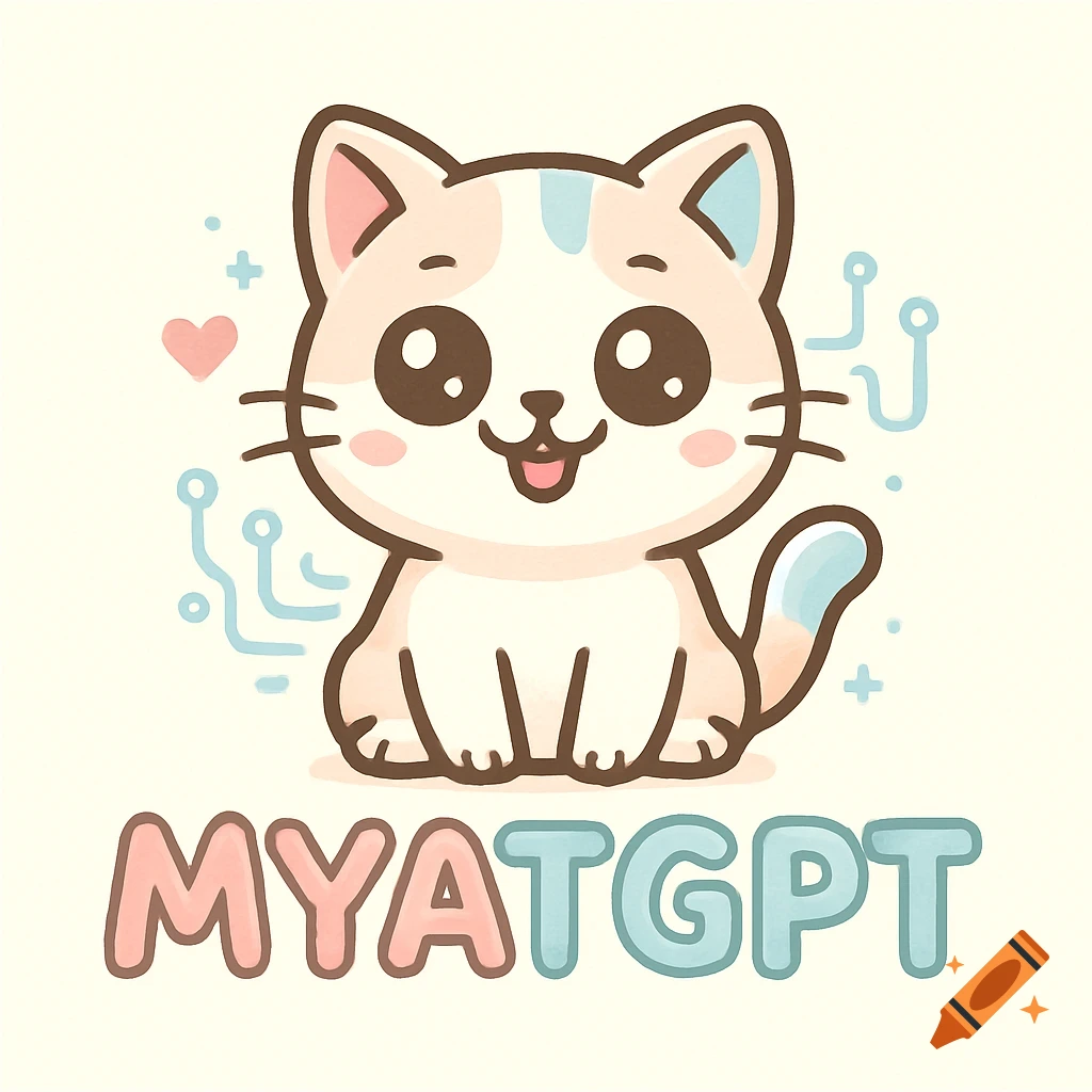 A cute cartoon cat logo in pastel colors with circuit patterns, smiling above the text "MYATGPT".