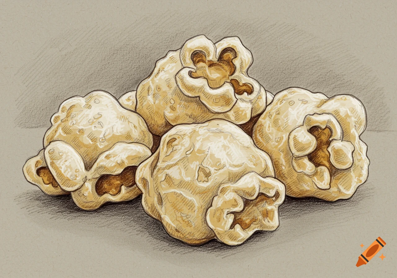A detailed illustration of four pieces of popcorn on a plain background, with a hand-drawn, sketch-like quality.