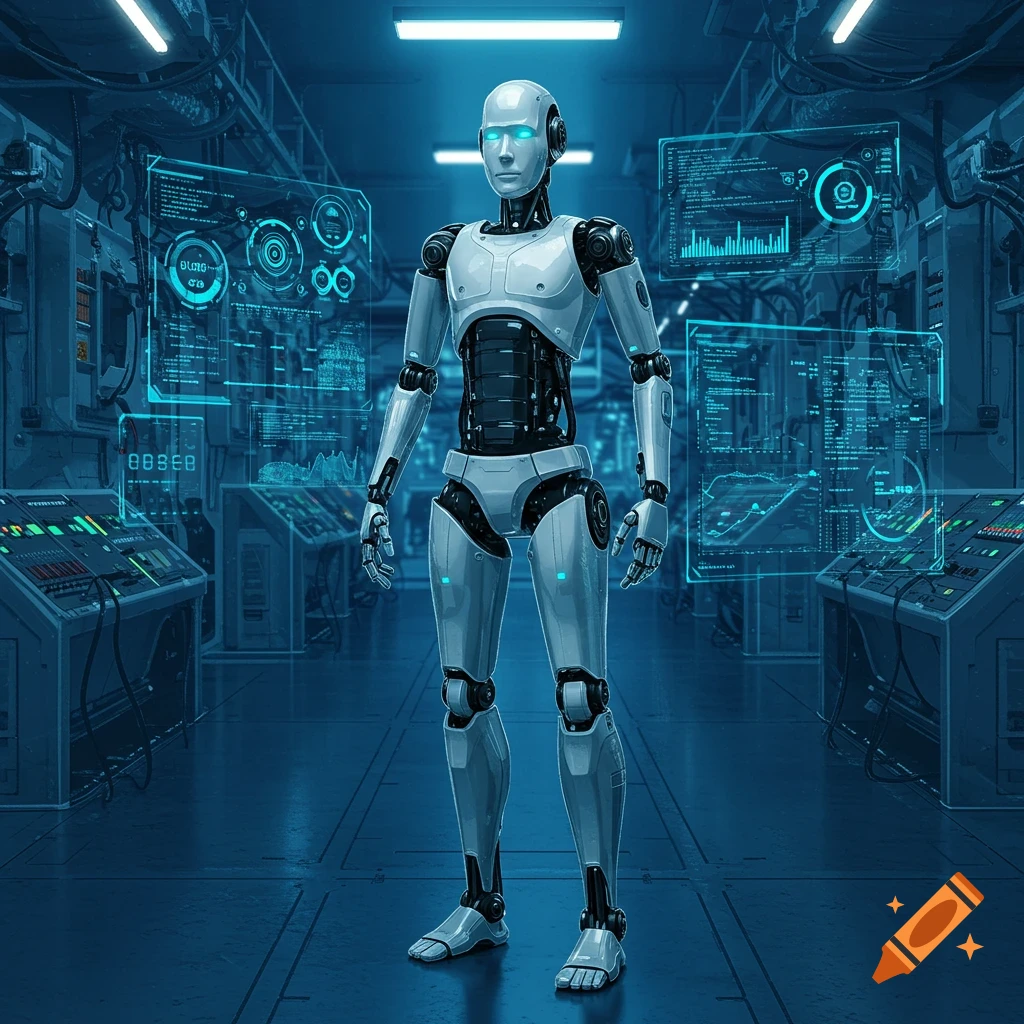 A white humanoid robot stands in a futuristic control room with blue holographic screens displaying data.