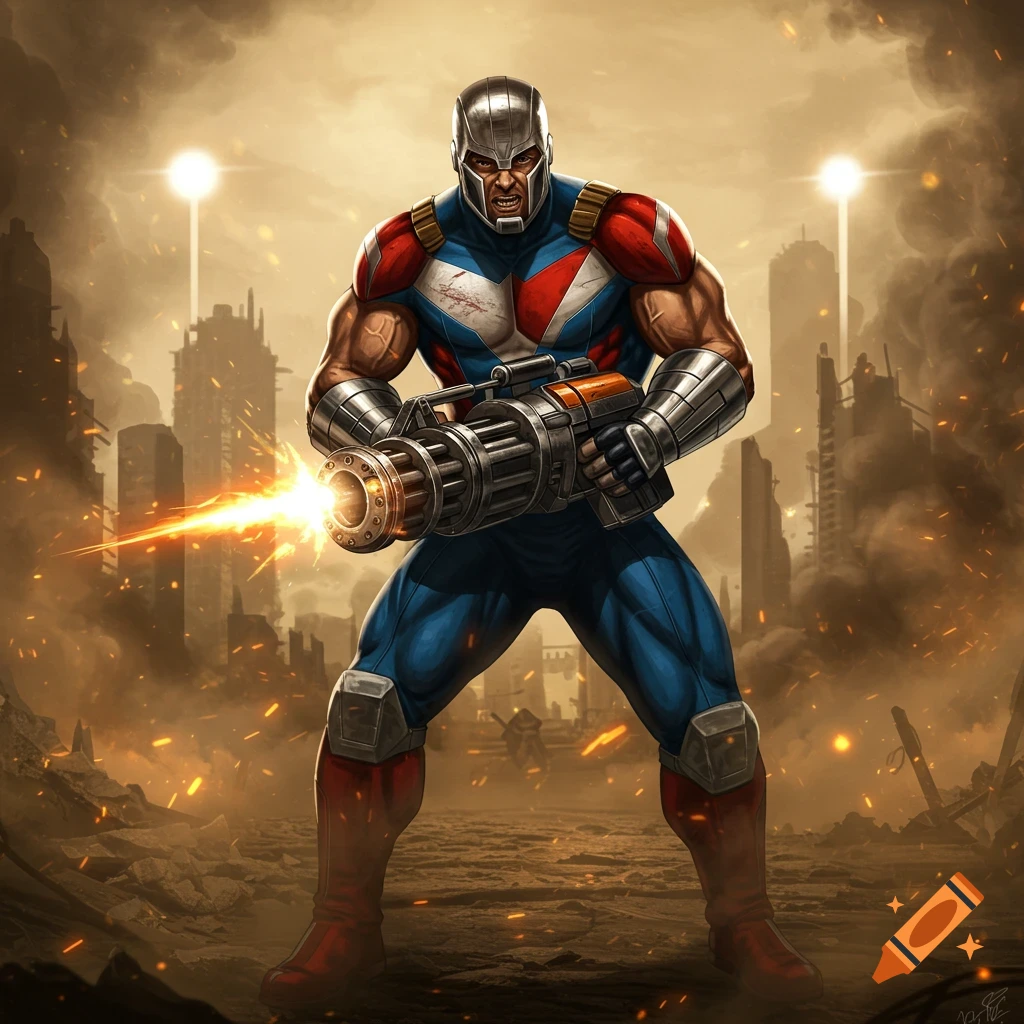 A muscular superhero in a blue, red, and white costume and metal helmet fires a minigun in a destroyed city.