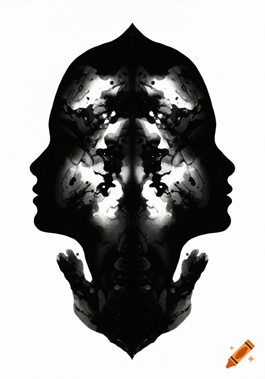 Black and white Rorschach style inkblot, symmetrical and abstract, resembling two faces in profile.