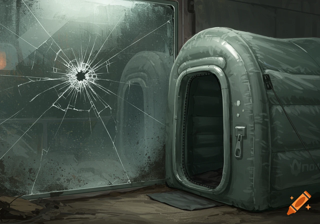 A grey-green inflatable shelter with an open entrance next to a cracked and dirty glass window, in an illustrative style.