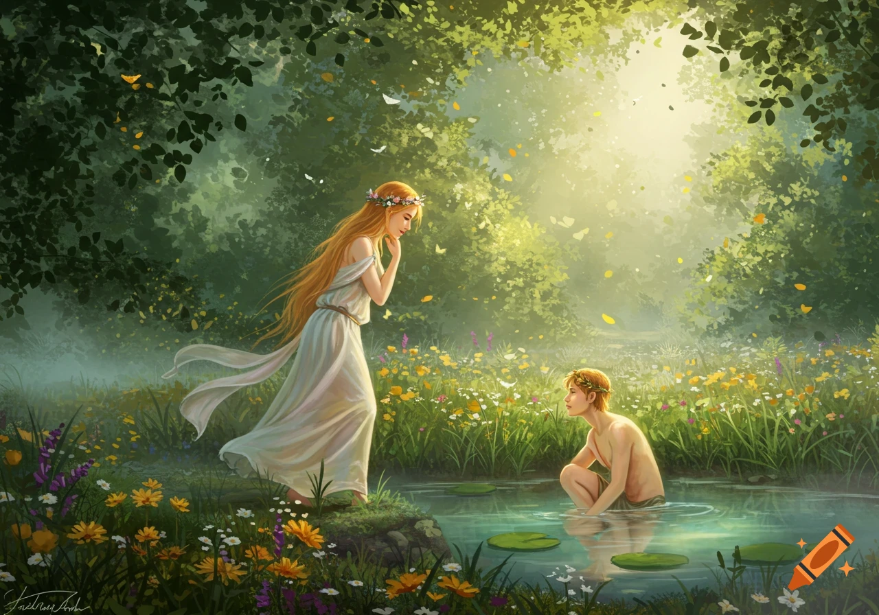 A long-haired woman in a white gown observes a youth partially submerged in a pond, surrounded by a lush, sunlit forest with wildflowers.
