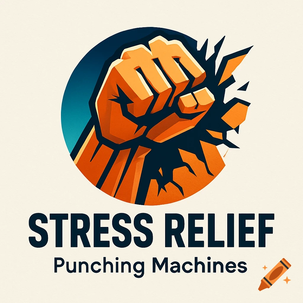 A stylized logo with an orange fist punching through a dark blue and teal circle, text below reads 'STRESS RELIEF Punching Machines'.