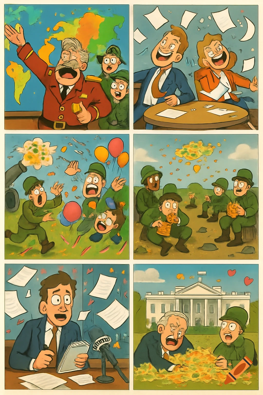 A six-panel comic strip in a humorous, cartoonish style. Scenes depict a general with a world map, diplomats, soldiers with a cannon, a journalist, and a president falling into pasta.