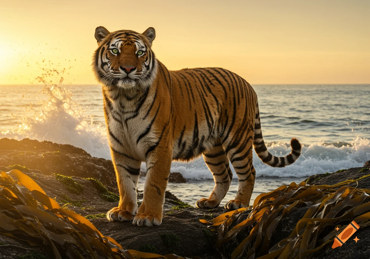 A photorealistic tiger with green eyes stands on rocks by the ocean as the sun sets.
