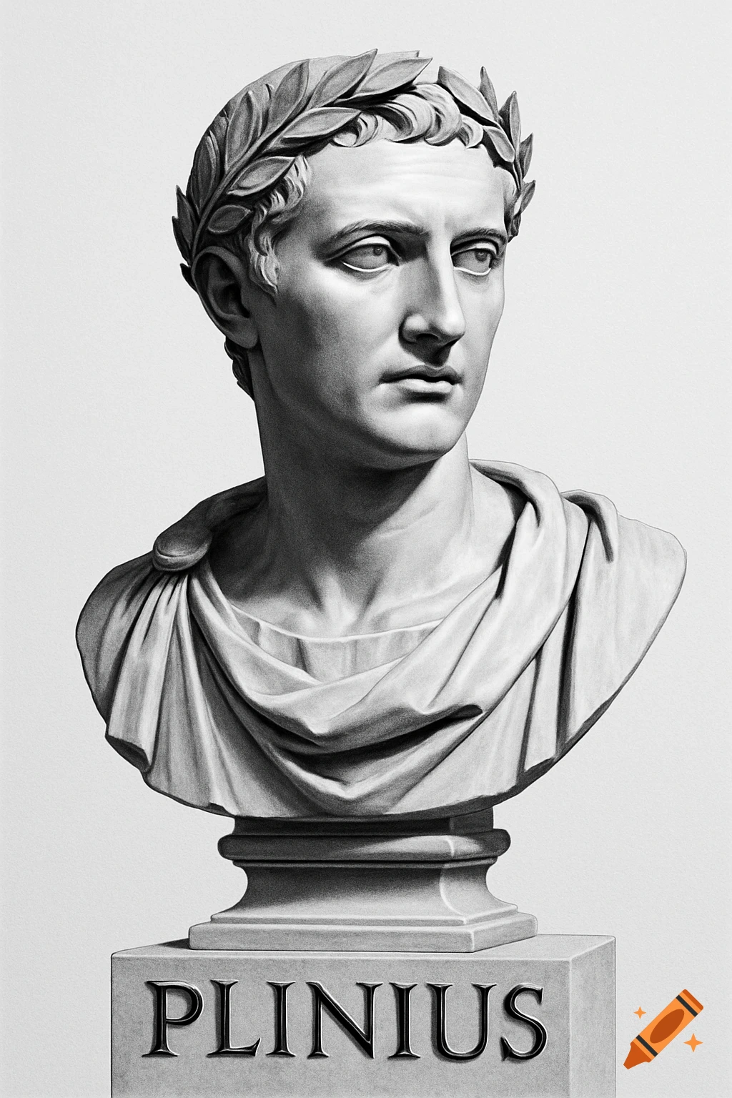 Monochrome drawing of a classical Roman bust of Plinius the Younger wearing a laurel wreath, on a pedestal inscribed 'PLINIUS'.
