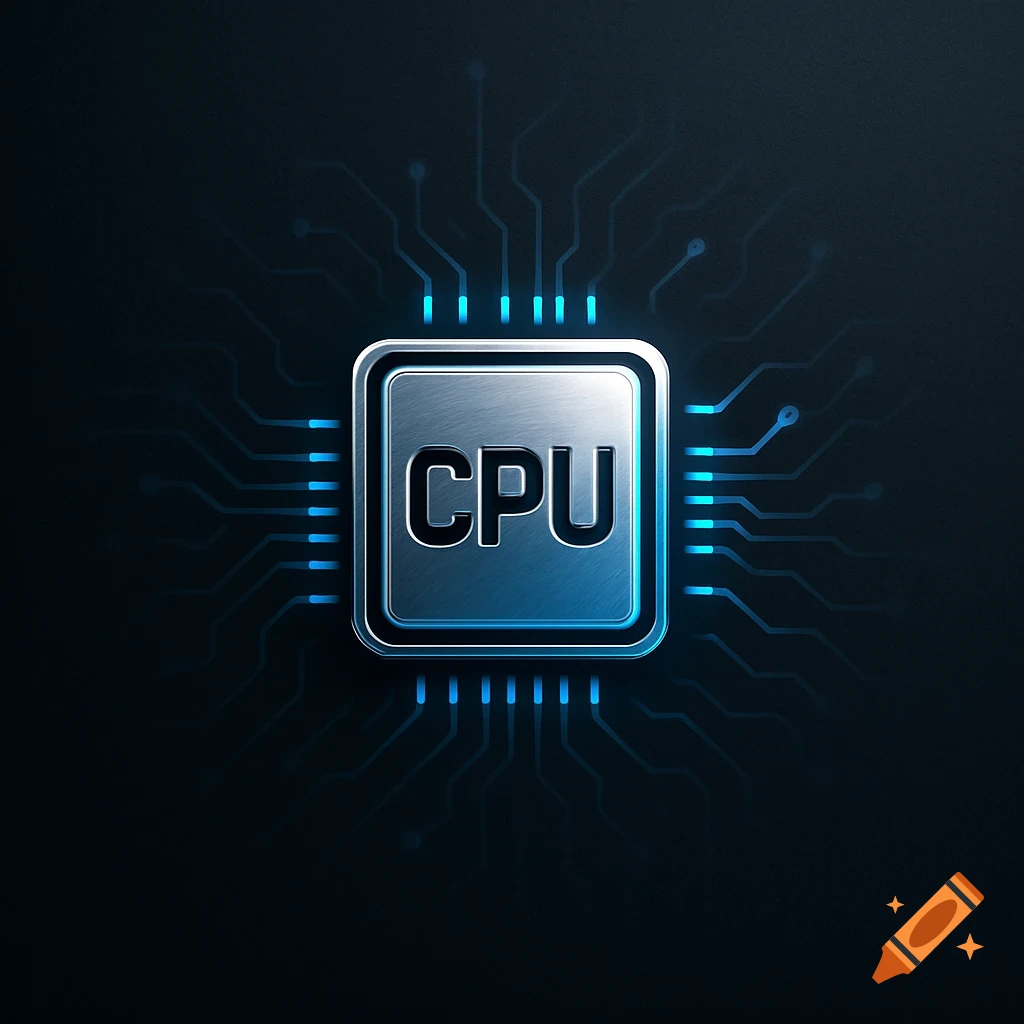 A metallic CPU logo surrounded by glowing blue circuit lines on a dark, digital background.