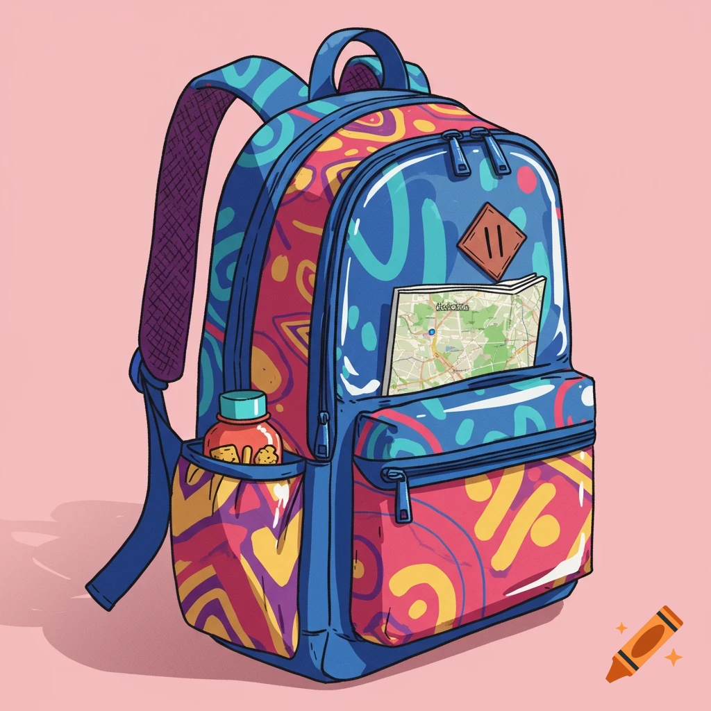 A vibrant, cartoon-style backpack with a map and a water bottle in its pockets, set against a pink background.