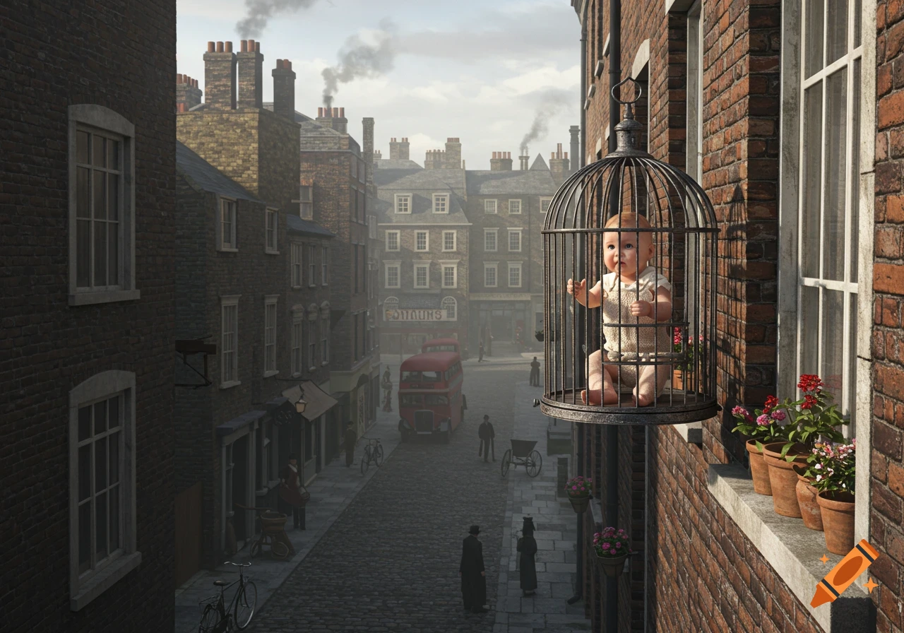 A photorealistic image of a baby sitting in a birdcage hanging from a brick building window overlooking a foggy 1930s London street.