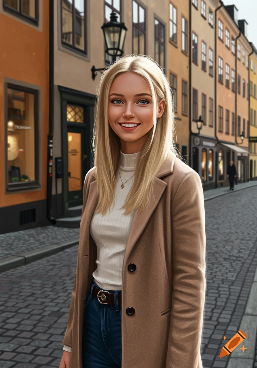 A beautiful blonde woman in a beige coat smiles on a cobblestone street lined with buildings.