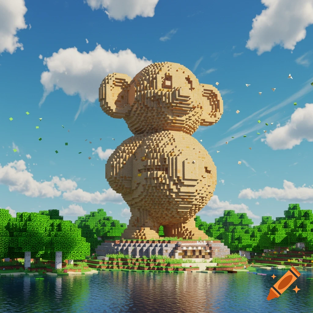 A giant, blocky Euromaus statue stands in a Minecraft-style landscape beside a lake, surrounded by blocky trees under a blue sky.