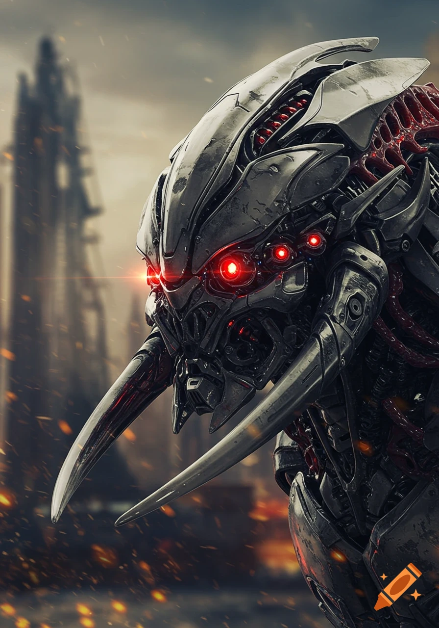 Close-up profile of a dark gray techno-organic alien creature with four glowing red eyes and two large tusks, set against a blurry, ruined city background.