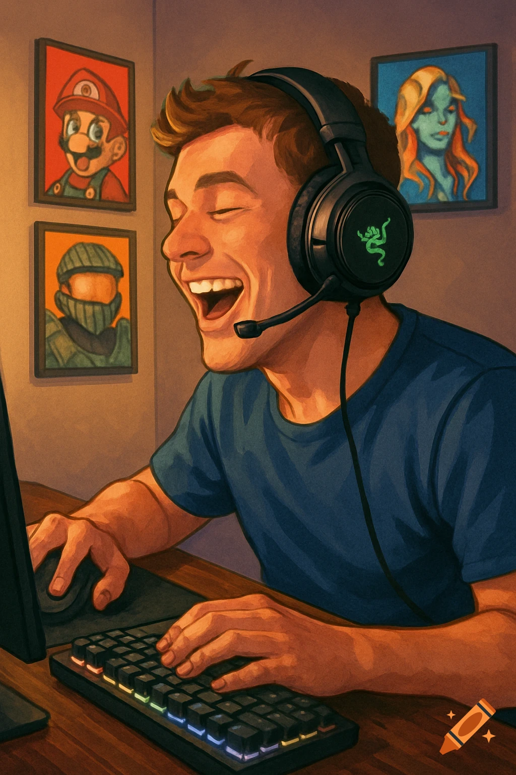 Laughing gamer wearing a Razer headset, playing PC games with a mouse and keyboard, with framed game character art on the wall. Stylized digital illustration.