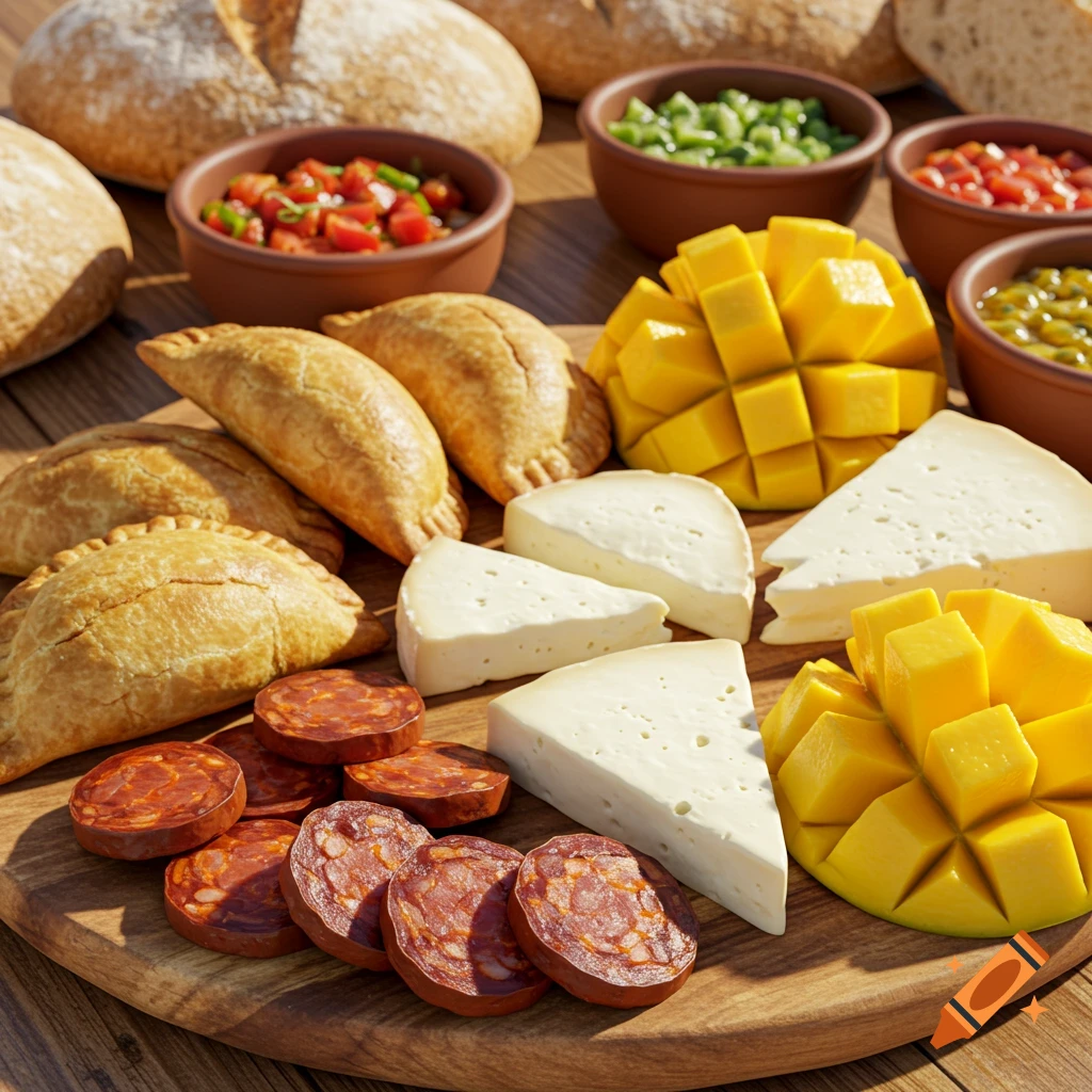 A vibrant, photorealistic spread of food including empanadas, cheese, sliced chorizo, carved mango, bread, and salsa bowls.