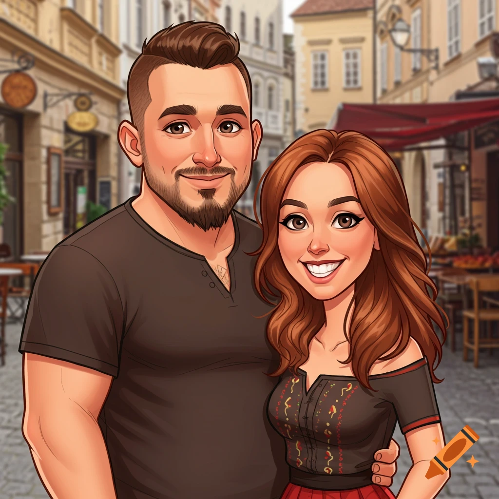 A cartoon man with a goatee and a woman with red-brown hair smiling in a European street.