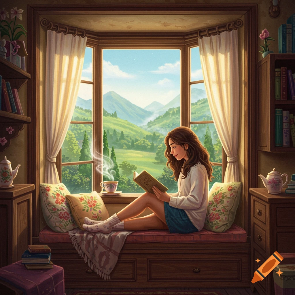 A young woman reads a book on a window seat, overlooking green mountains in a warm, Disney-style illustration.