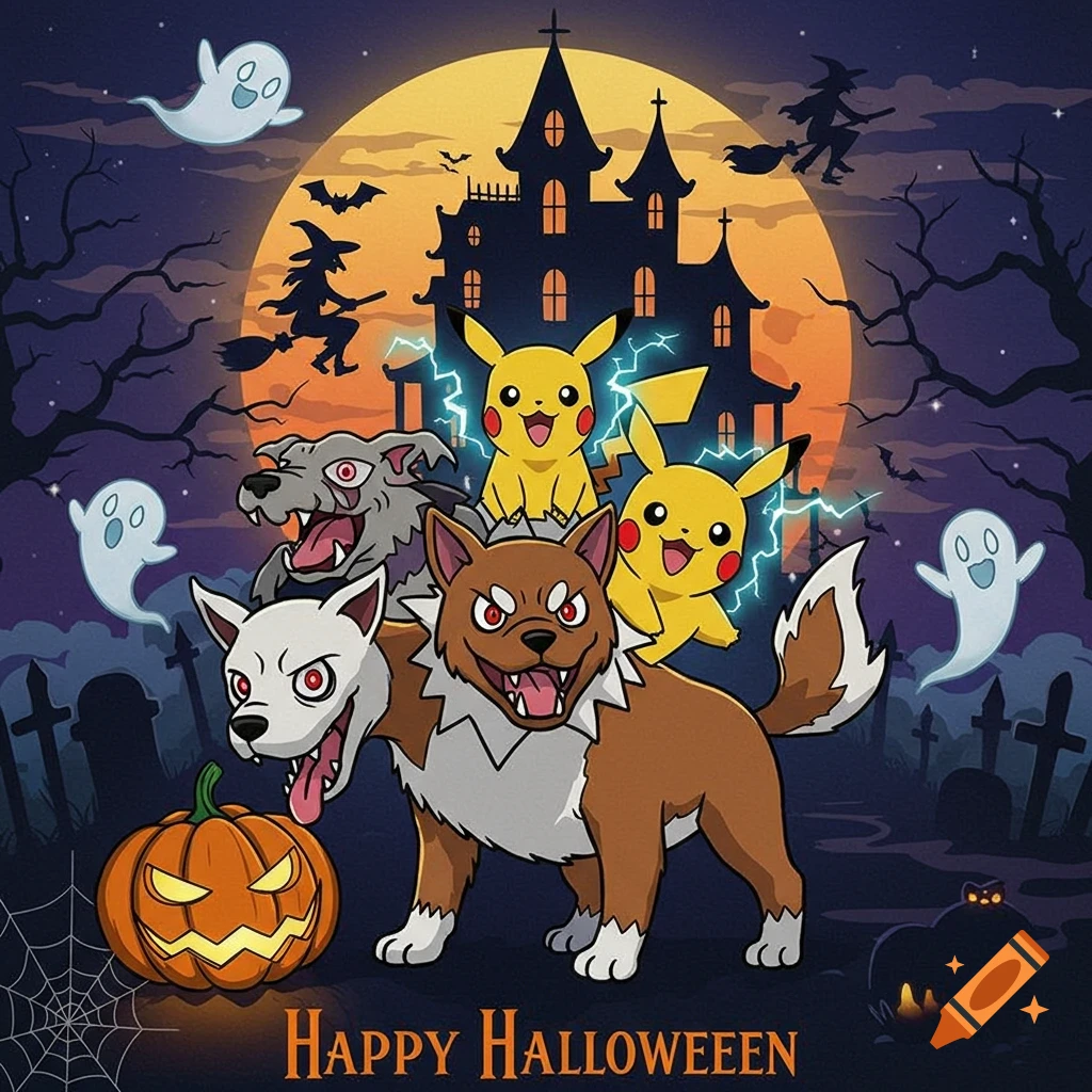 A cartoon Halloween scene with two Pikachus and a three-headed dog in front of a haunted house, ghosts, bats, a jack-o-lantern, and text saying "HAPPY HALLOWEEEN".