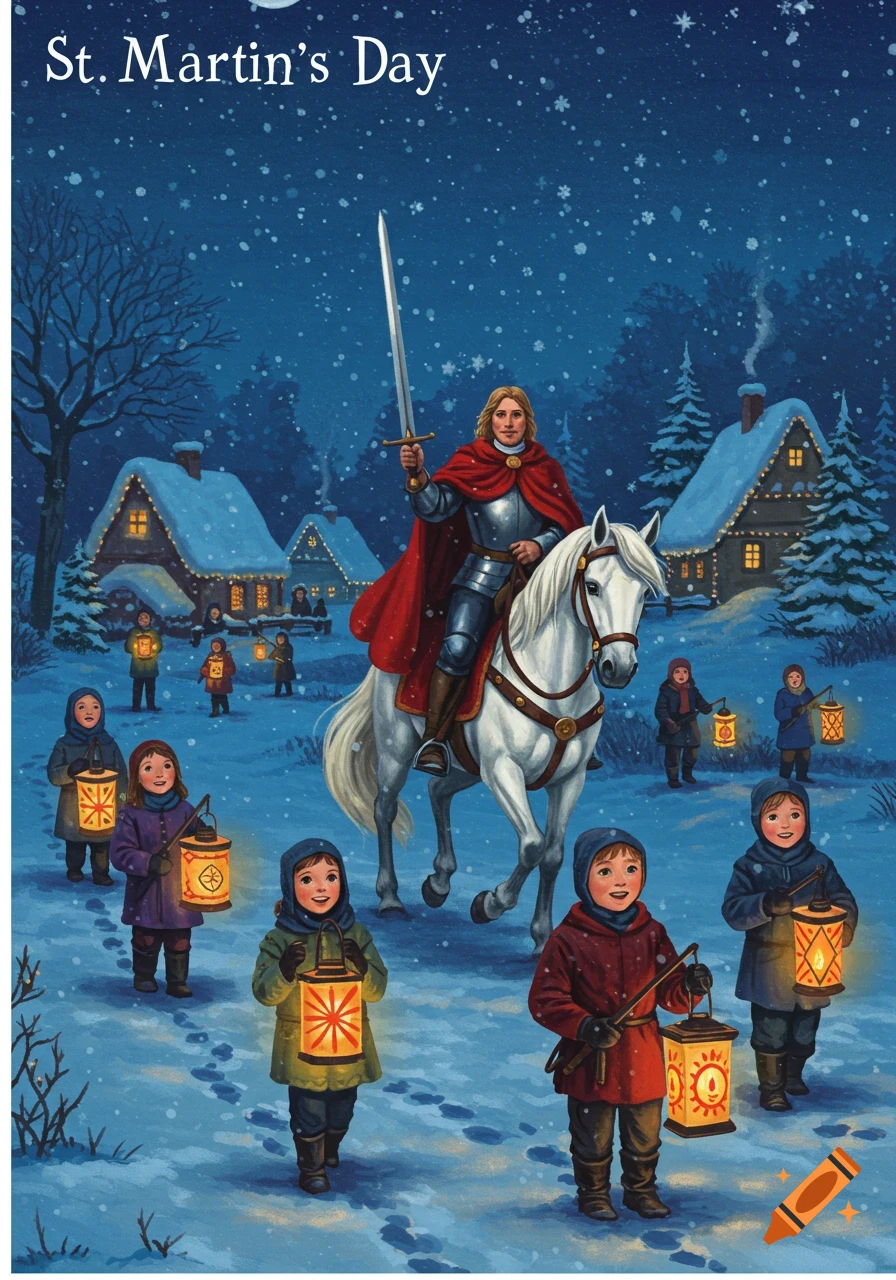 Illustration of St. Martin on a white horse leading children holding glowing lanterns through a snowy village at night.