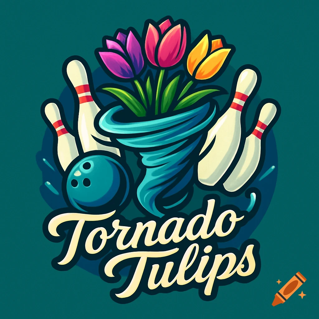 A vibrant logo for "Tornado Tulips" featuring a teal tornado swirling with pink, purple, and orange tulips, a bowling ball, and two pins.