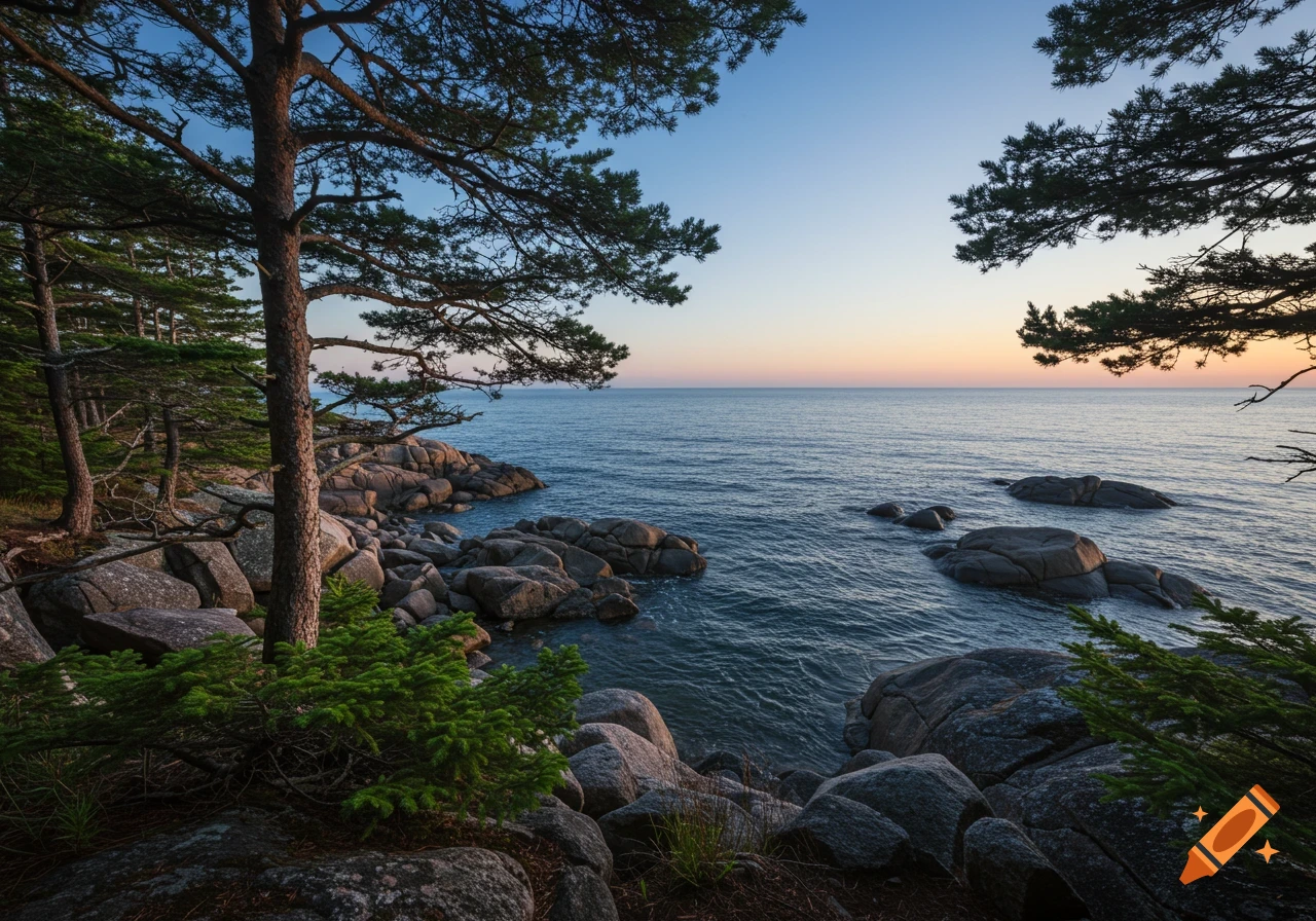 A photorealistic image of a rocky coastline with pine trees overlooking a calm ocean under a clear, transitioning sky at dusk.