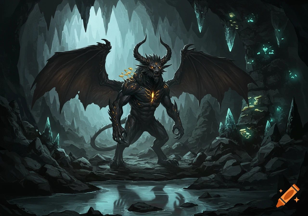 A black horned and winged beast stands majestically in a dark, glowing cave with a reflective pool of water, digital art.