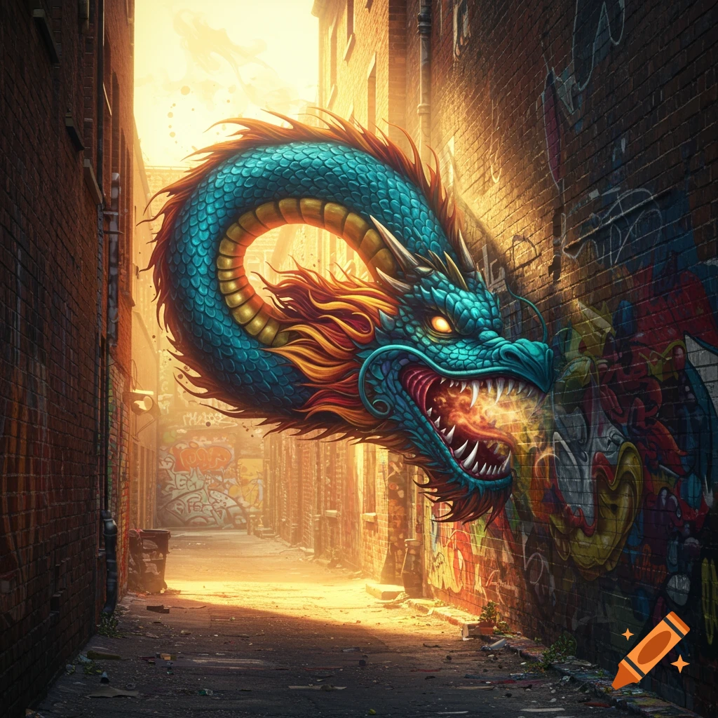 A vibrant blue and orange dragon, resembling graffiti, breathes fire onto a brick wall in a sunlit urban alleyway.