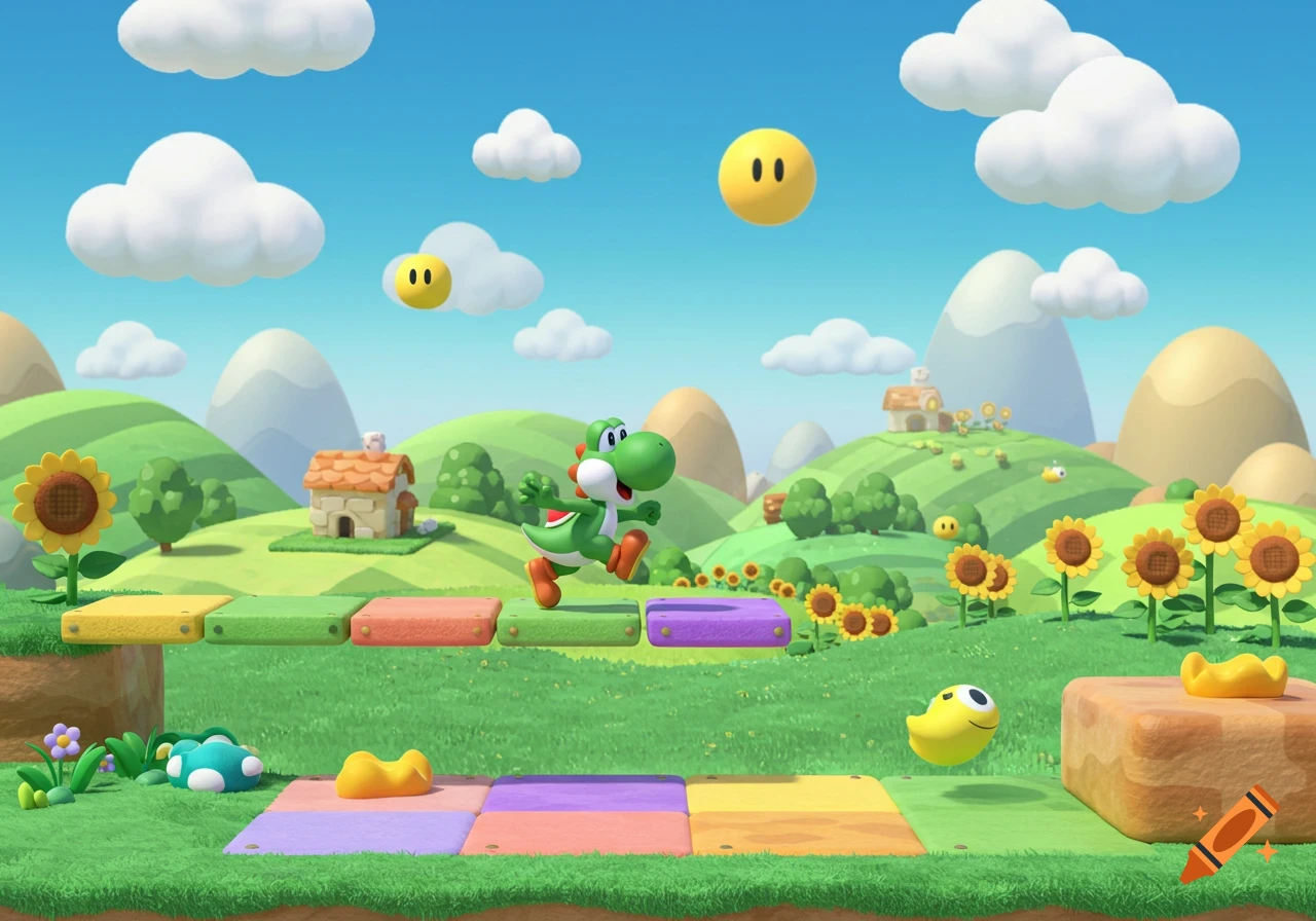 Yoshi jumps on colorful blocks in a vibrant, cartoonish landscape with hills, clouds, sunflowers, and floating coins.