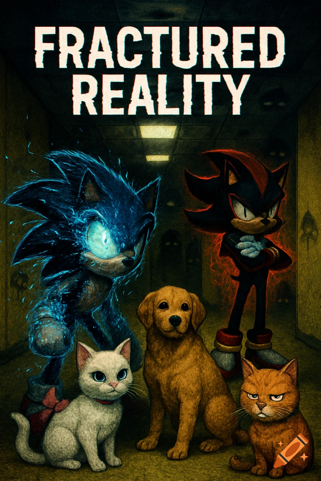 A dark, glitch-art style illustration with Sonic, Shadow, two cats, and a dog in an eerie Backrooms-like hallway with shadowy figures. Text reads "FRACTURED REALITY".