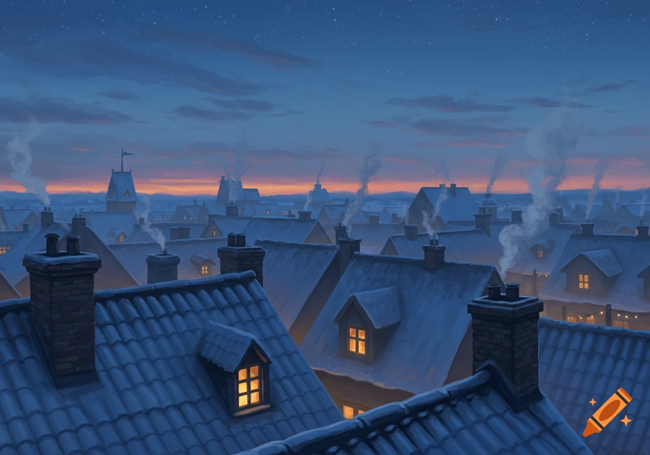 An illustrative view of a snowy town at dusk, with warm lights in windows, smoke from chimneys, and a twilight sky.