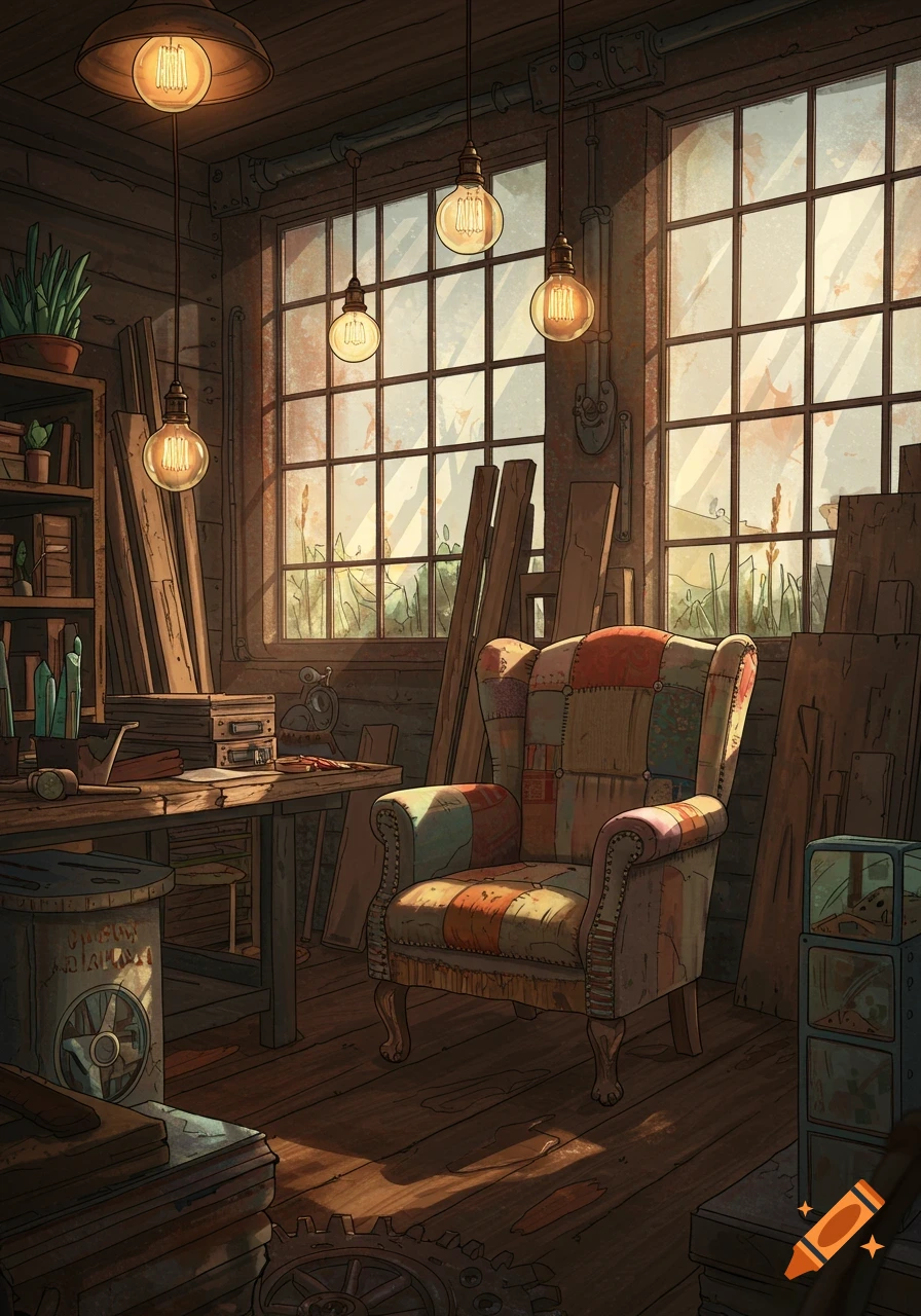 An illustrated rustic workshop bathed in sunlight, featuring a patchwork armchair, wooden planks, and tools, with plants by large windows.