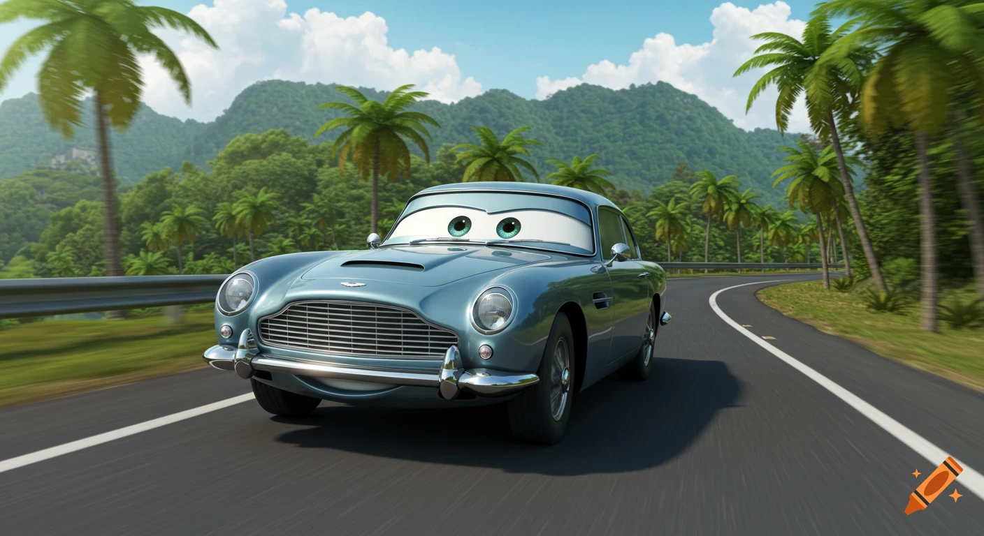 A blue Aston Martin DB5 from Pixar Cars drives on a winding tropical highway with palm trees and mountains under a blue sky.