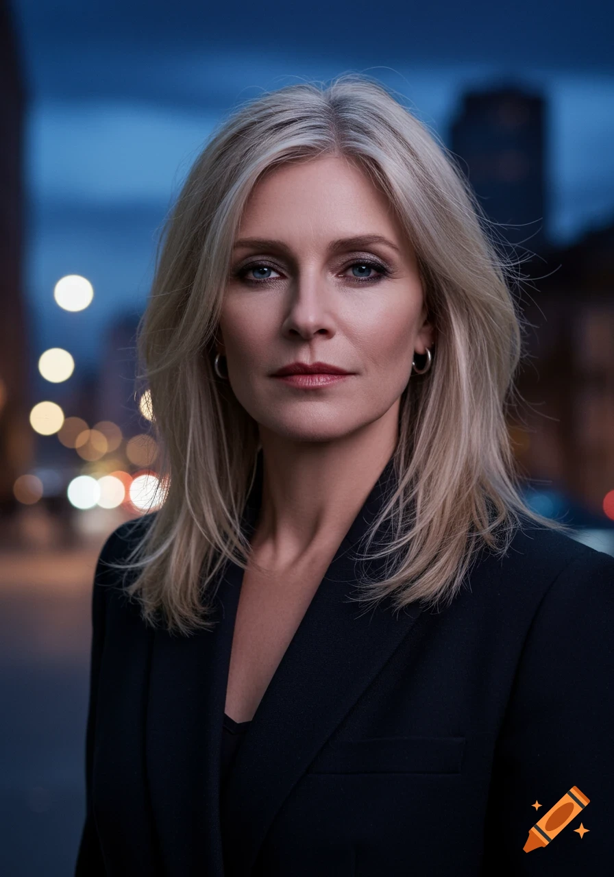 Photorealistic portrait of a blonde woman with smokey eyes in a black blazer against a blurry urban night background.