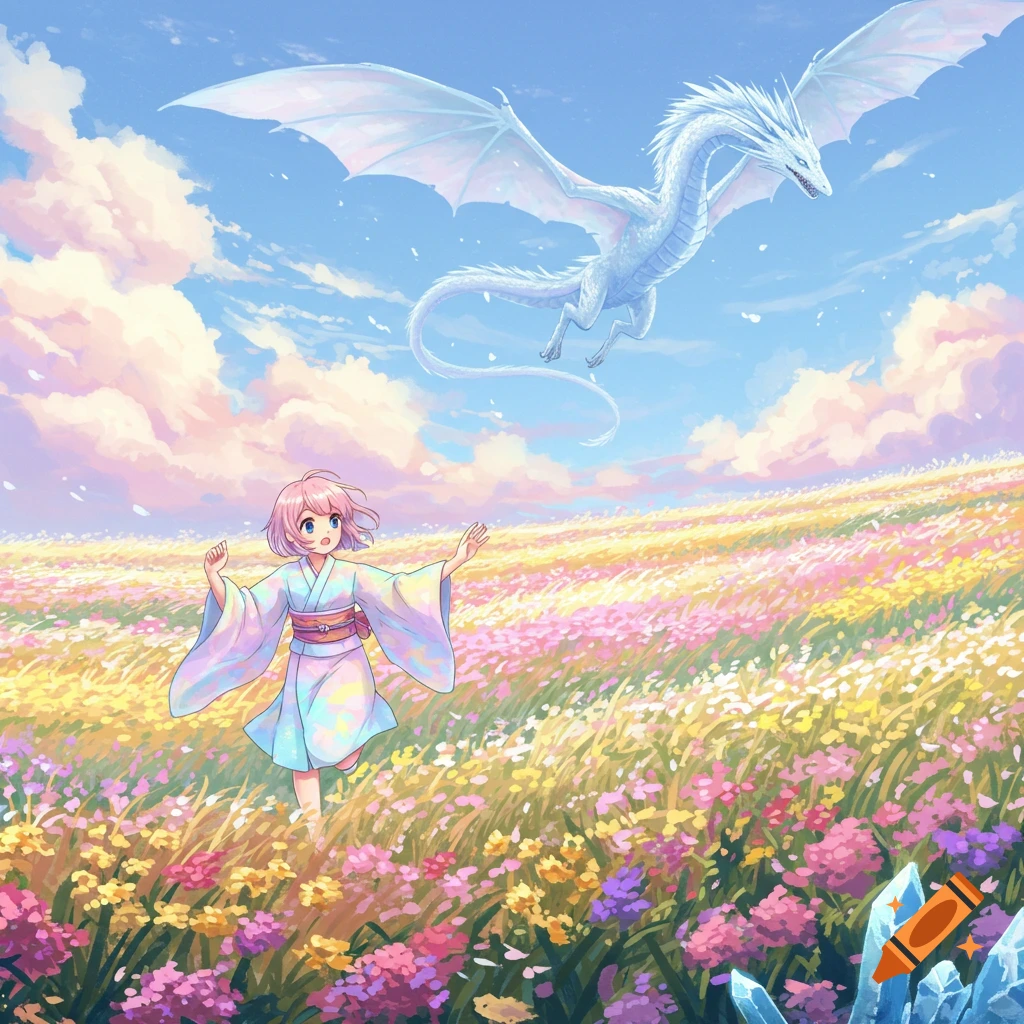 An anime girl in a kimono runs through a vibrant flower field toward a white ice dragon flying under a pastel sky.
