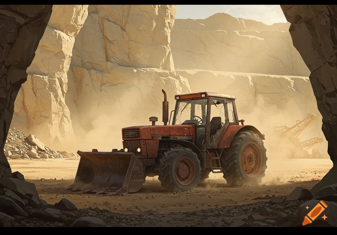 A dusty red tractor with broken windows sits in a rocky quarry under a bright sky, surrounded by light-colored rock formations.