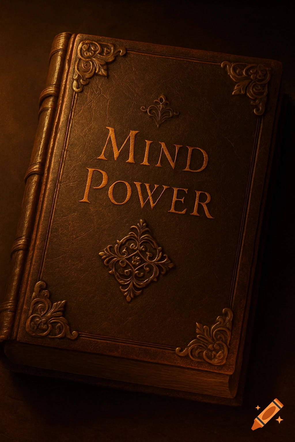 An old, dark brown leather-bound book titled 'MIND POWER' with ornate gold embossed corners and spine details, dimly lit.