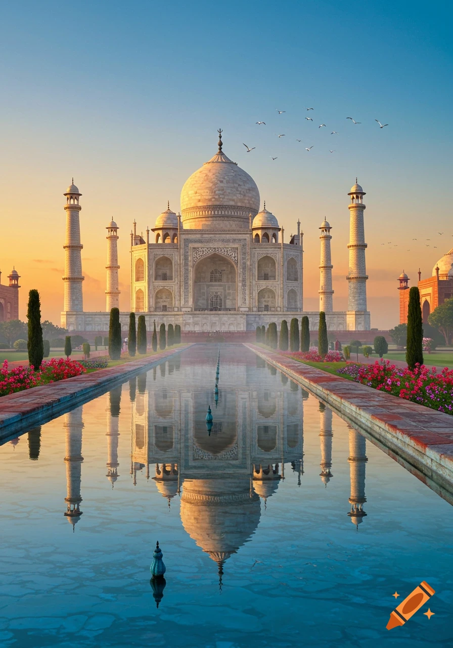 Photorealistic image of the Taj Mahal at dawn or dusk, reflected in a tranquil water channel, surrounded by gardens and minarets.