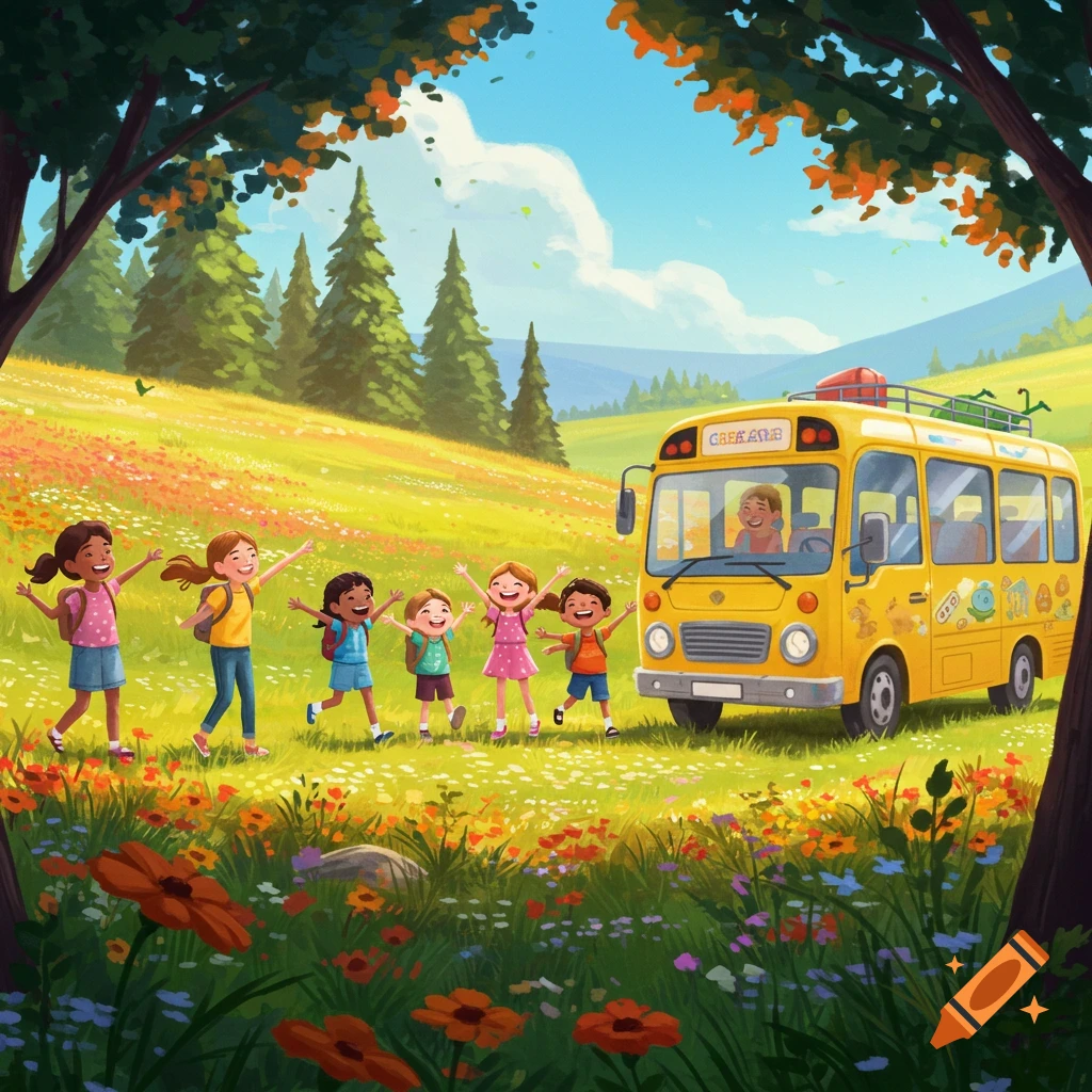 Seven happy kids in a colorful field with flowers, waving at a yellow bus with a smiling driver. Illustrated style.