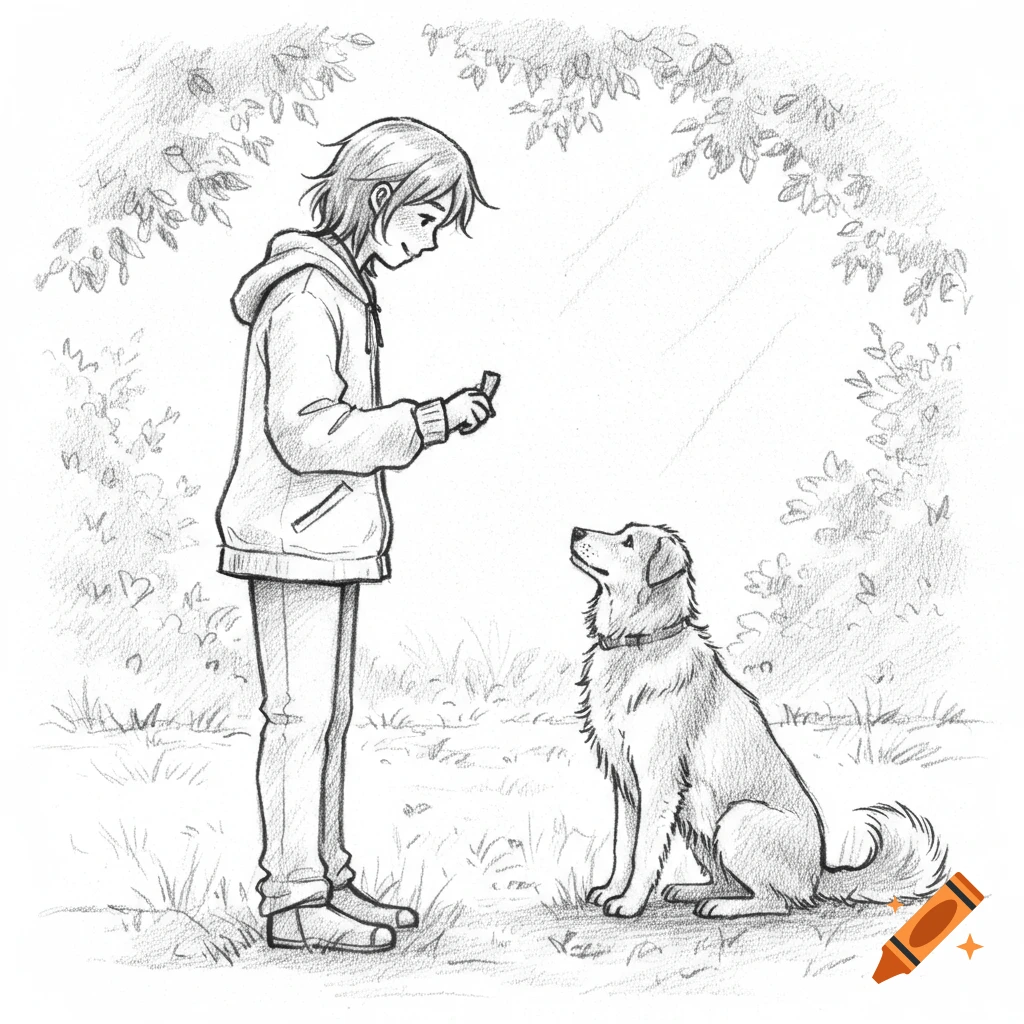 Pencil drawing of a person feeding a treat to a sitting dog outdoors under an arch of leaves.