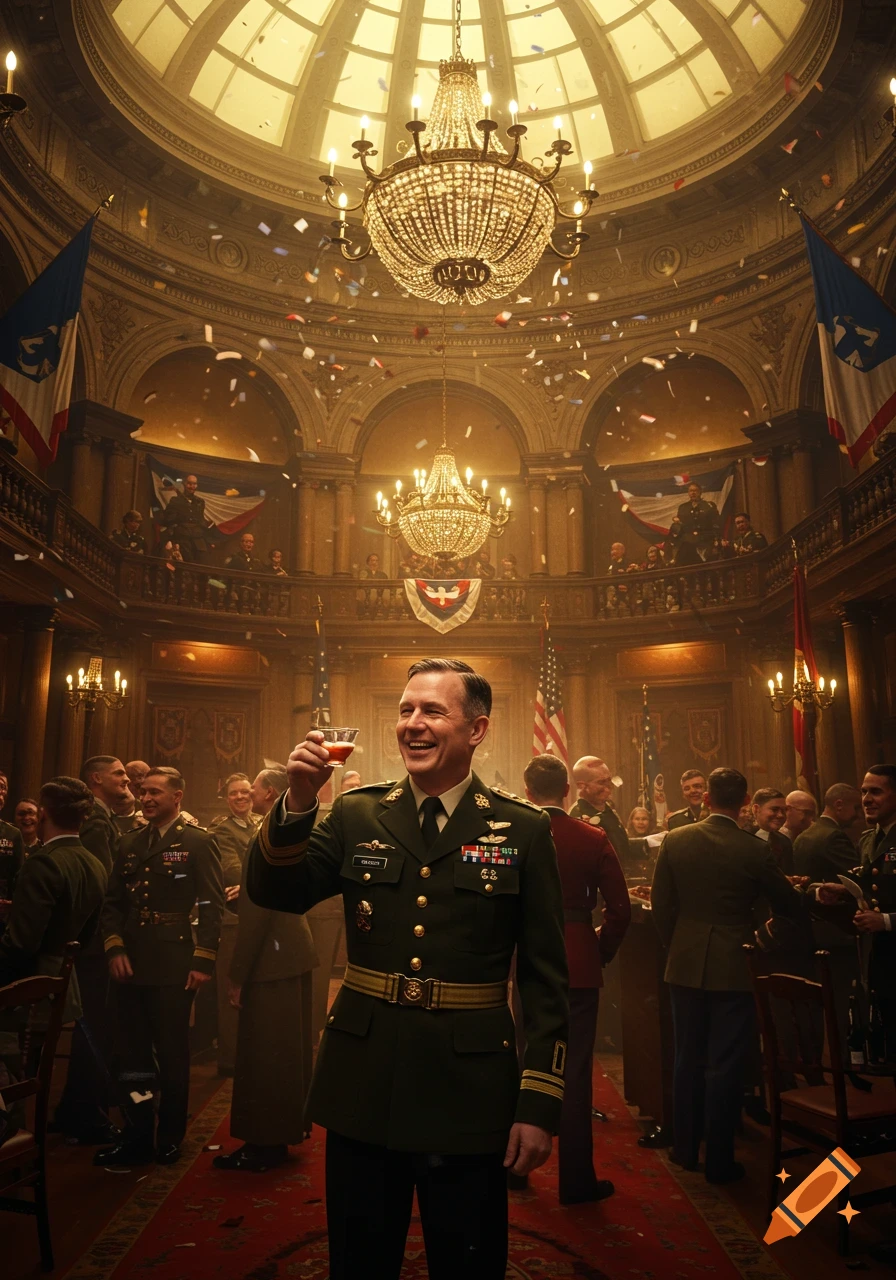Smiling military officer in uniform toasts with a drink amidst falling confetti in a grand, ornate hall filled with other uniformed personnel.
