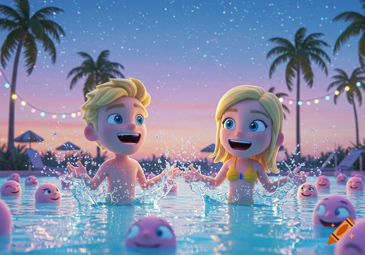 A Pixar-style blonde boy and girl splash in a crowded pool with smiling pink figures under a pastel twilight sky.