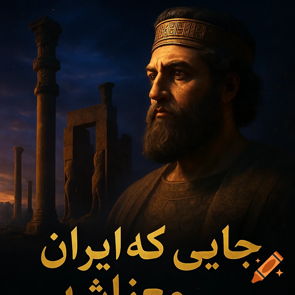 Photorealistic portrait of King Darius the Great with ancient Persepolis ruins at twilight and Farsi text.