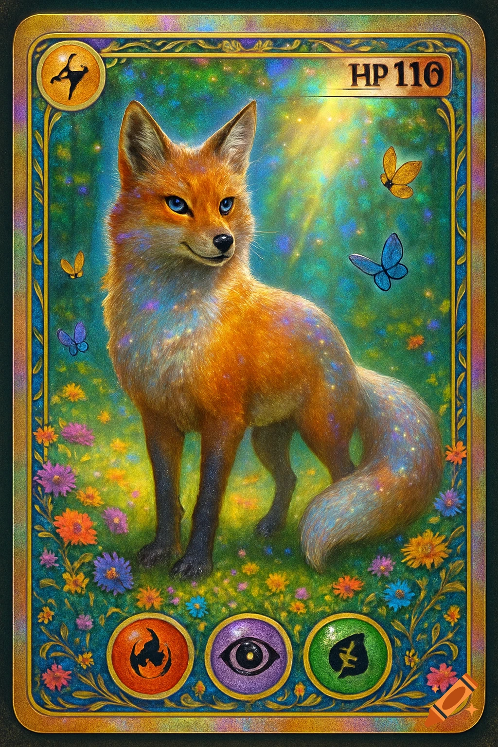 A fantasy trading card features a sparkling orange fox with blue eyes in a field of colorful flowers, with butterflies and sunbeams.